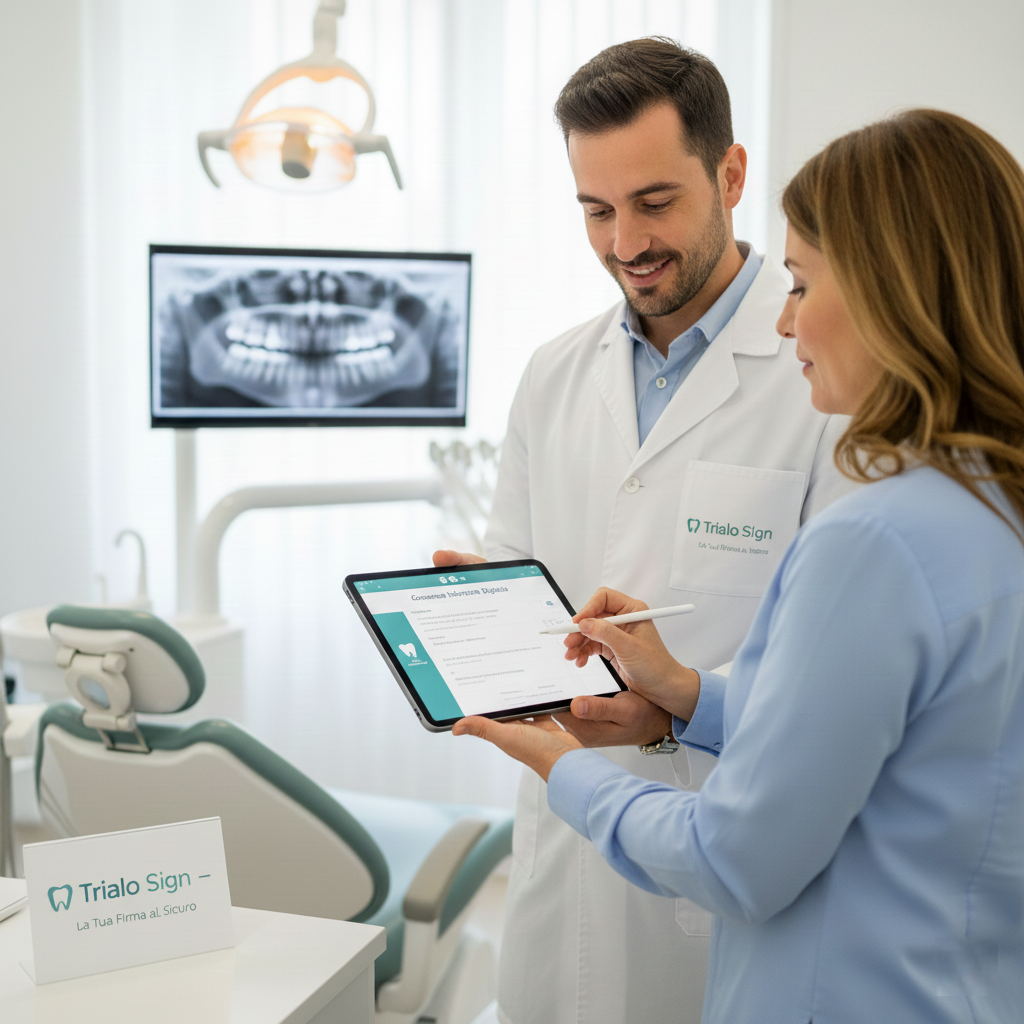 Paziente che firma il consenso informato digitale su iPad in studio dentistico