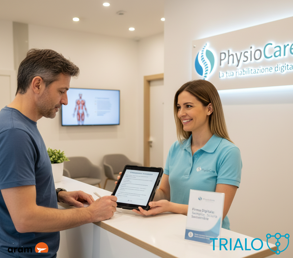 Paziente che firma il consenso informato digitale in fisioterapia su tablet