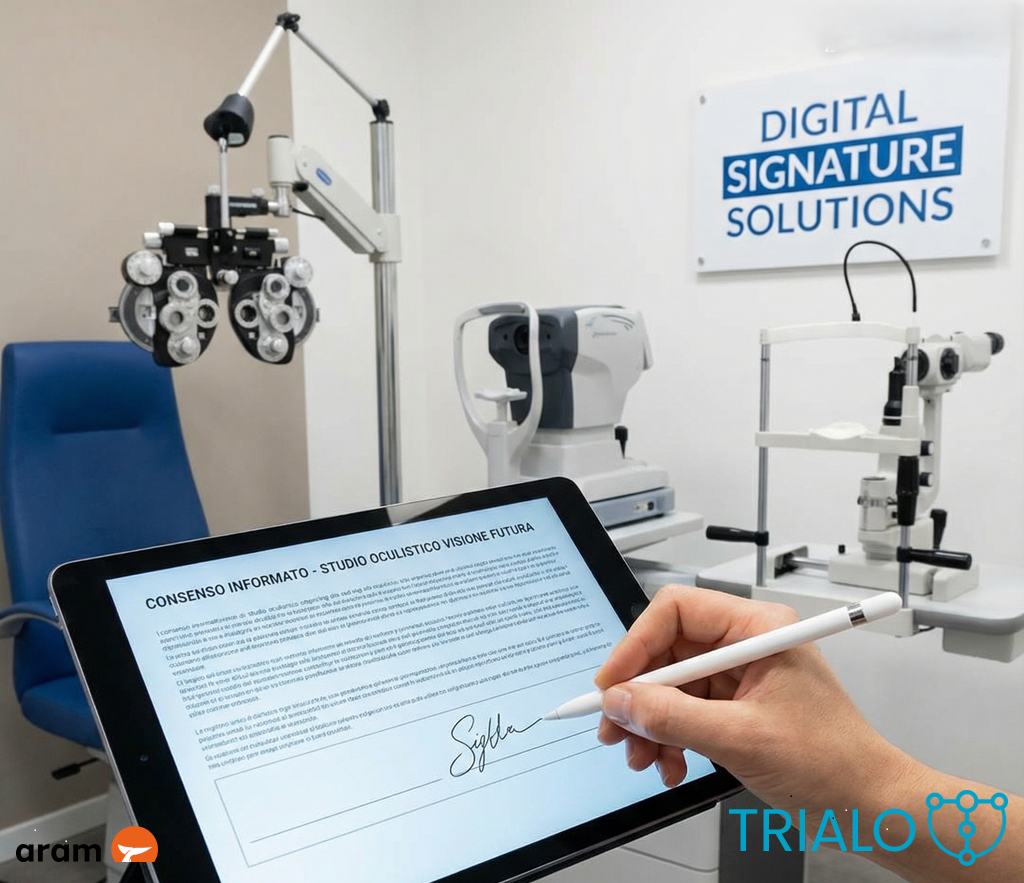 Paziente che firma il consenso informato digitale in ambito oculistico su tablet