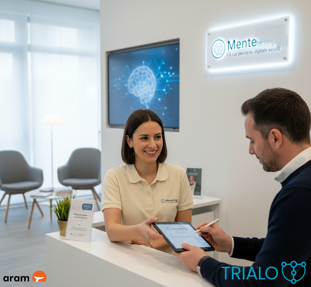 Paziente che firma il consenso informato digitale in ambito psicologico su tablet