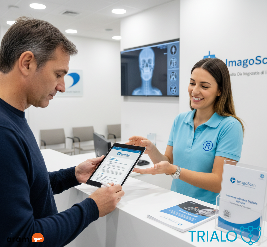 Paziente che firma il consenso informato digitale per radiologia su tablet