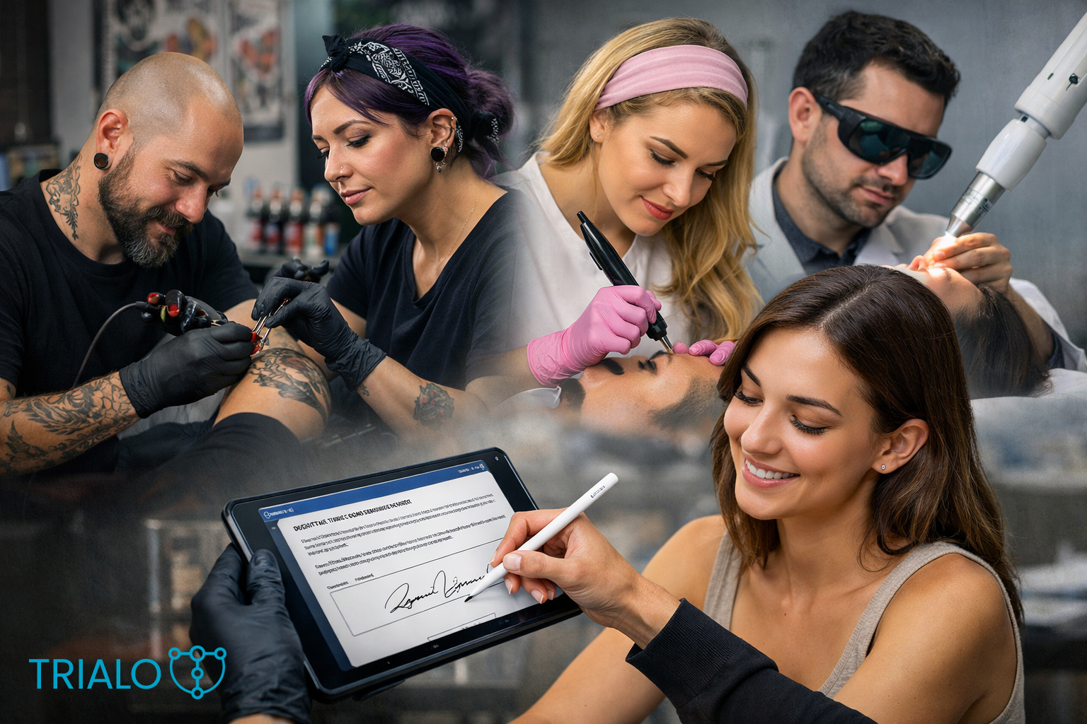 Cliente che firma il consenso informato digitale su tablet in studio tattoo o centro estetico